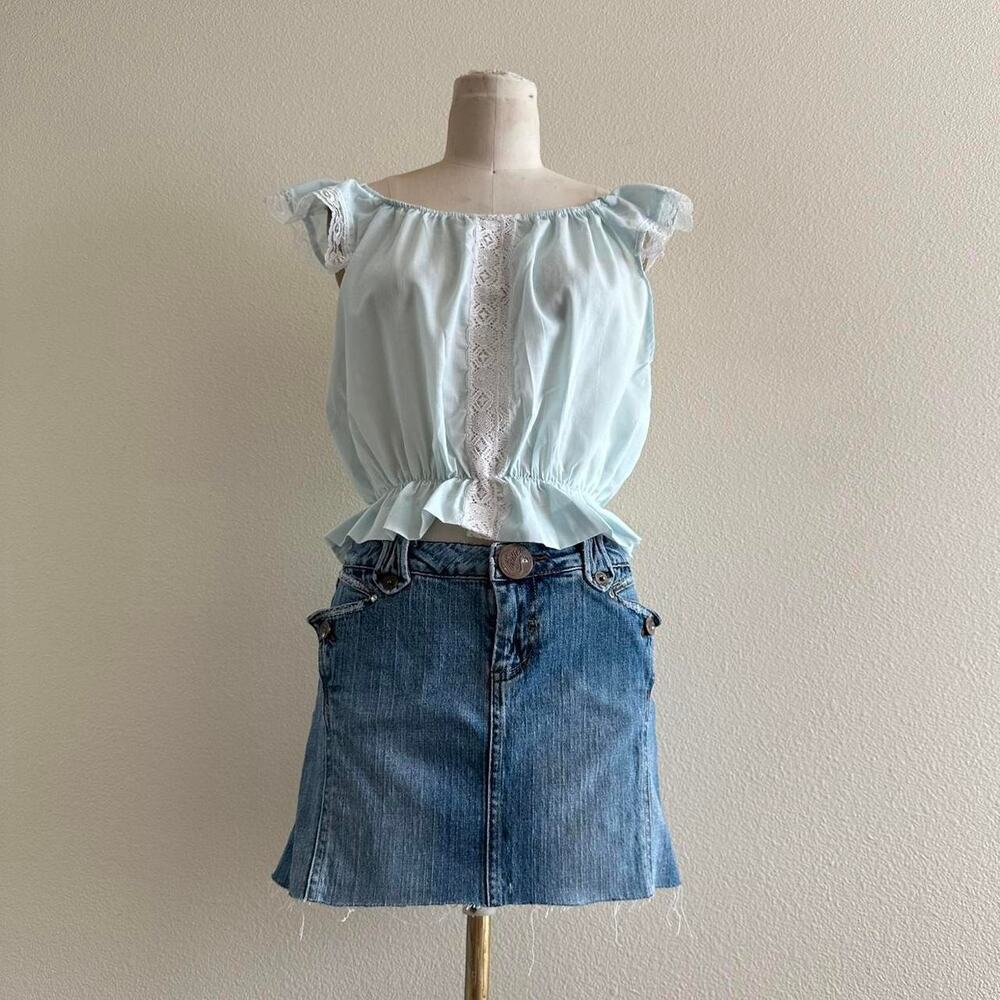 handmade light blue white cotton milkmaid peasant crop top